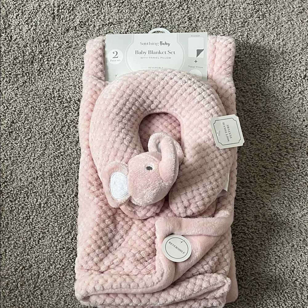 Pink Plush Baby Blanket Set with Travel Pillow